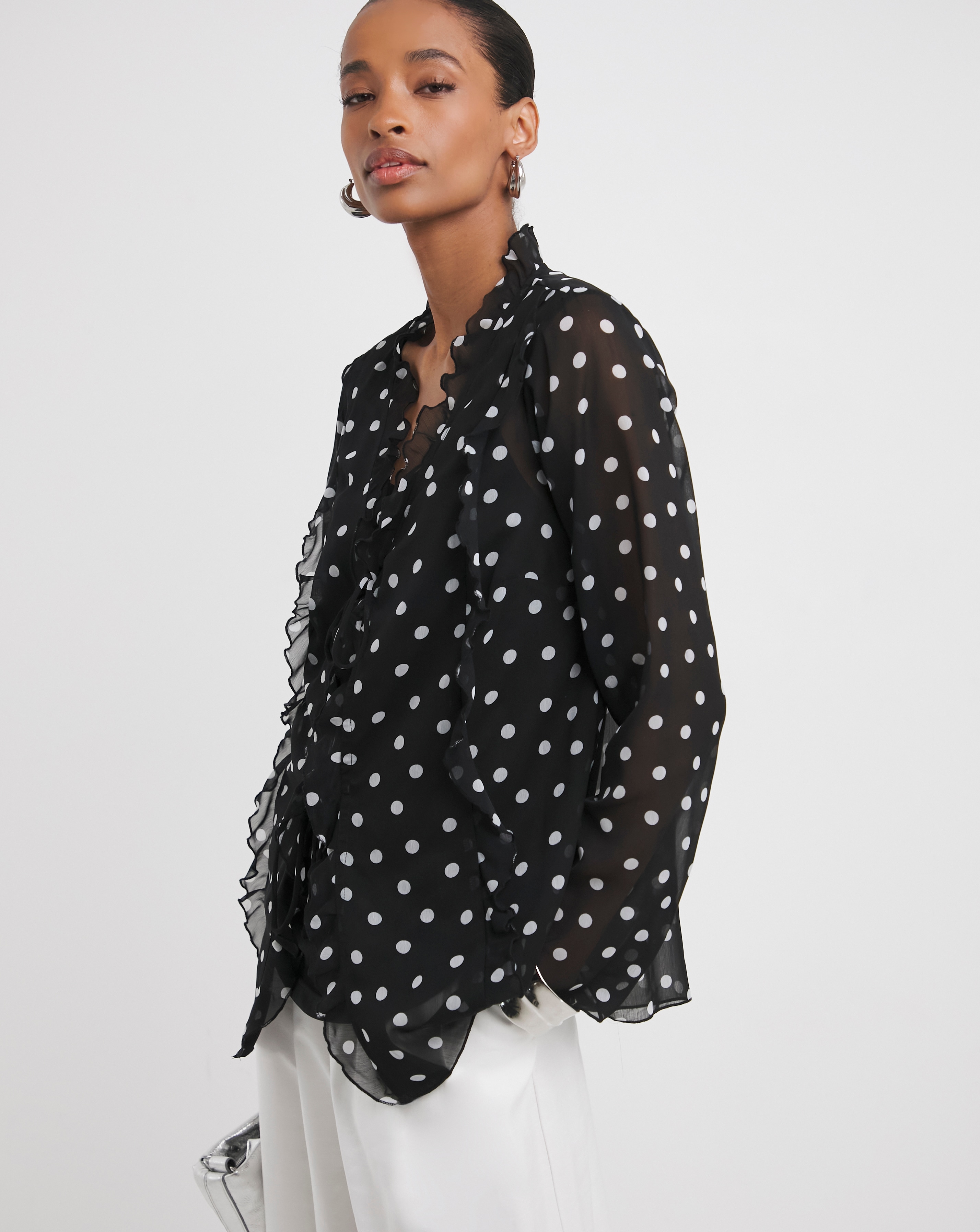 Black Spot Tie Detail Ruffle Blouse