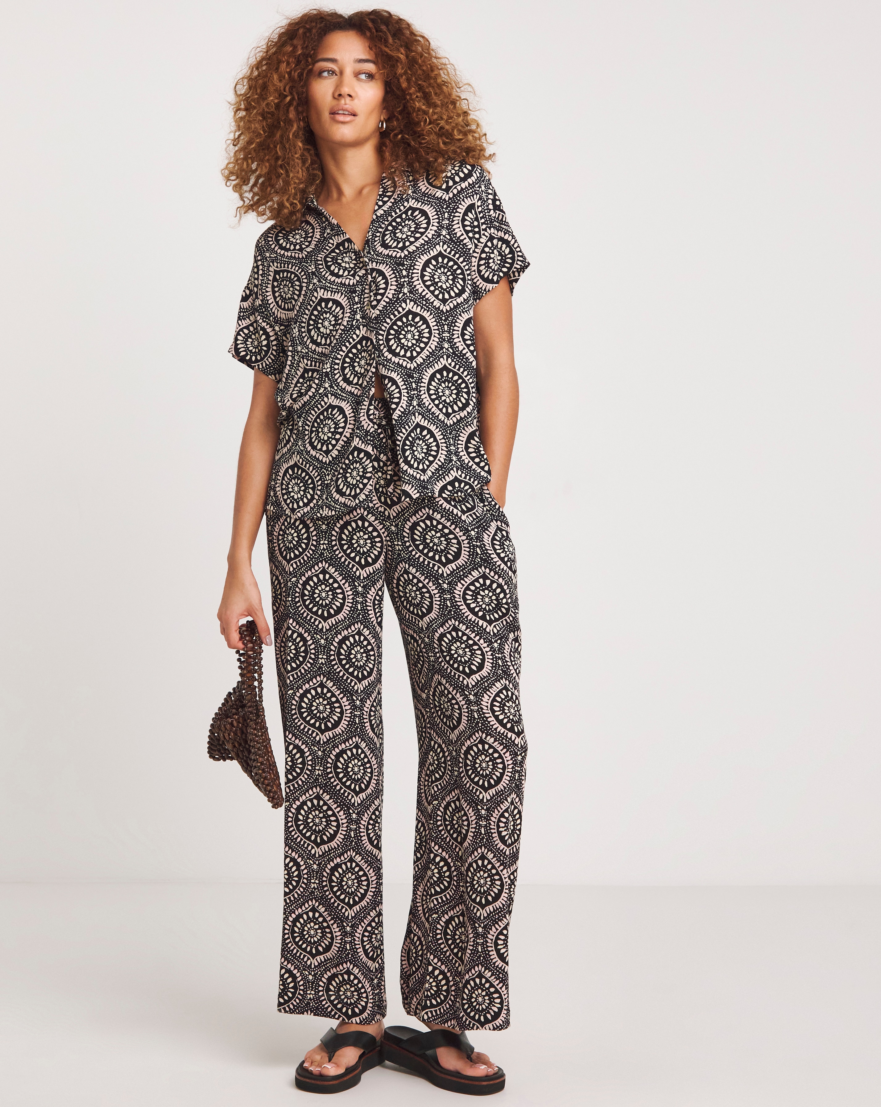 Crinkle Shirred Waist Wide Leg Trousers
