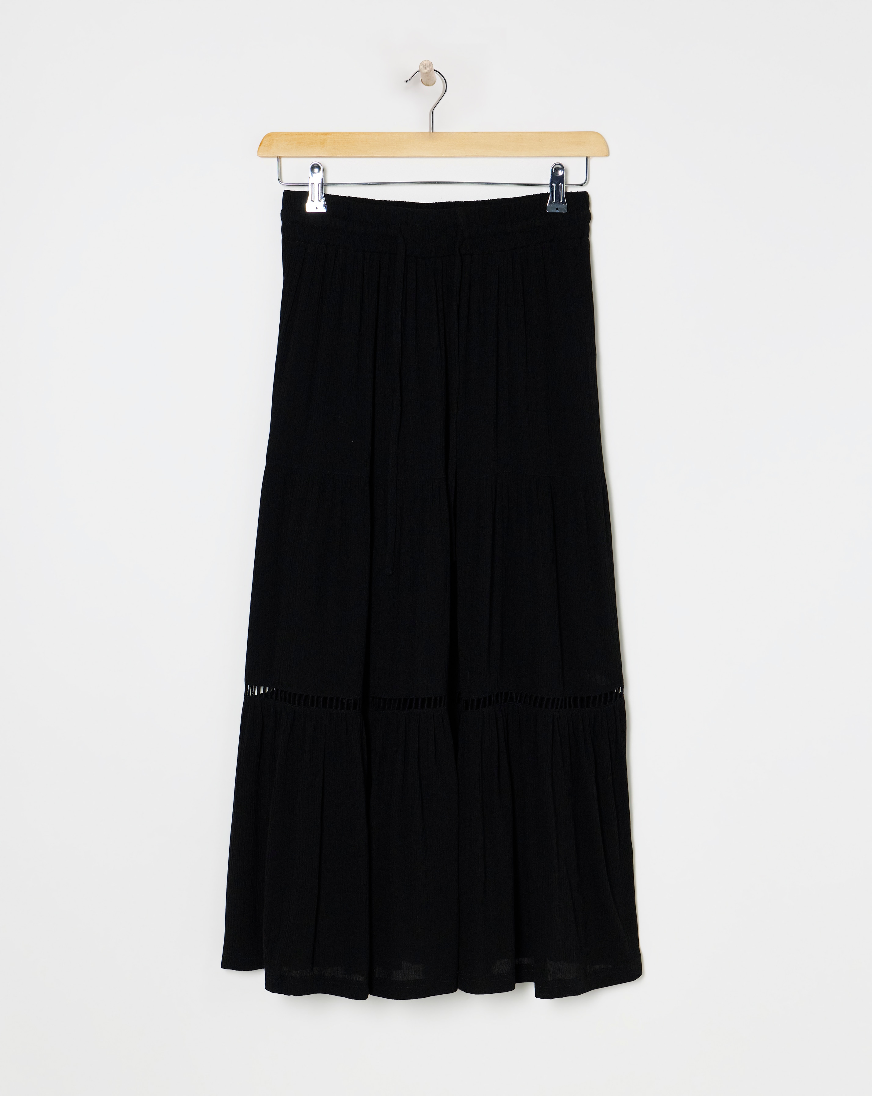 Black Crinkle Tiered Midi Skirt