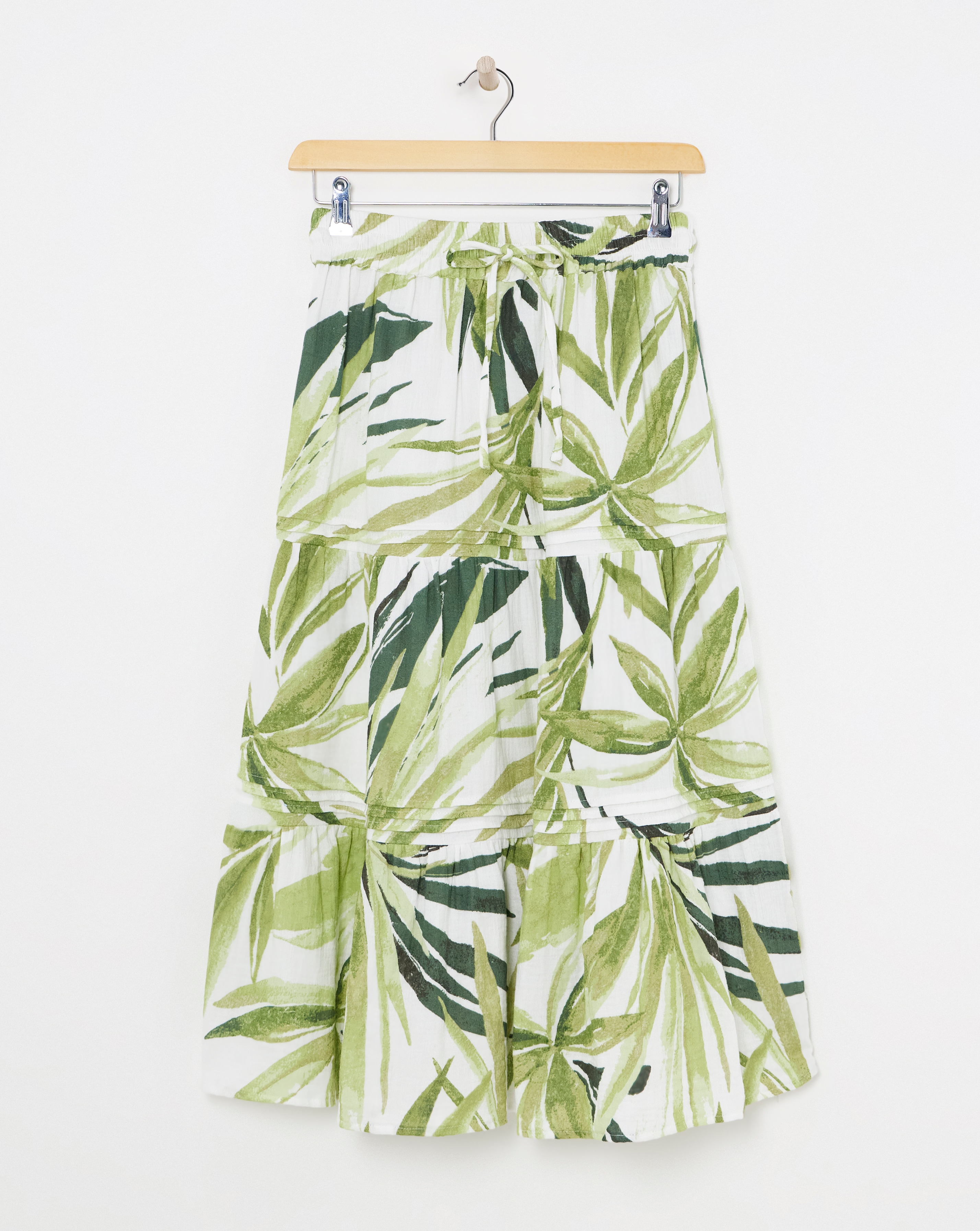 Green Palm Print Cheesecloth Midi Skirt