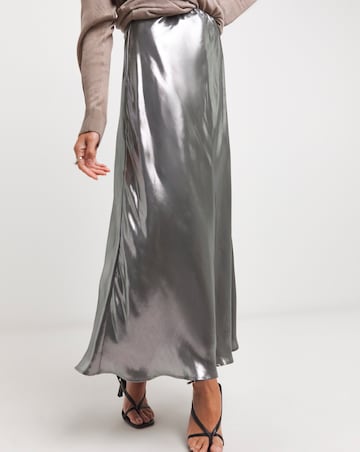 Silver Metallic Pull On Maxi Skirt