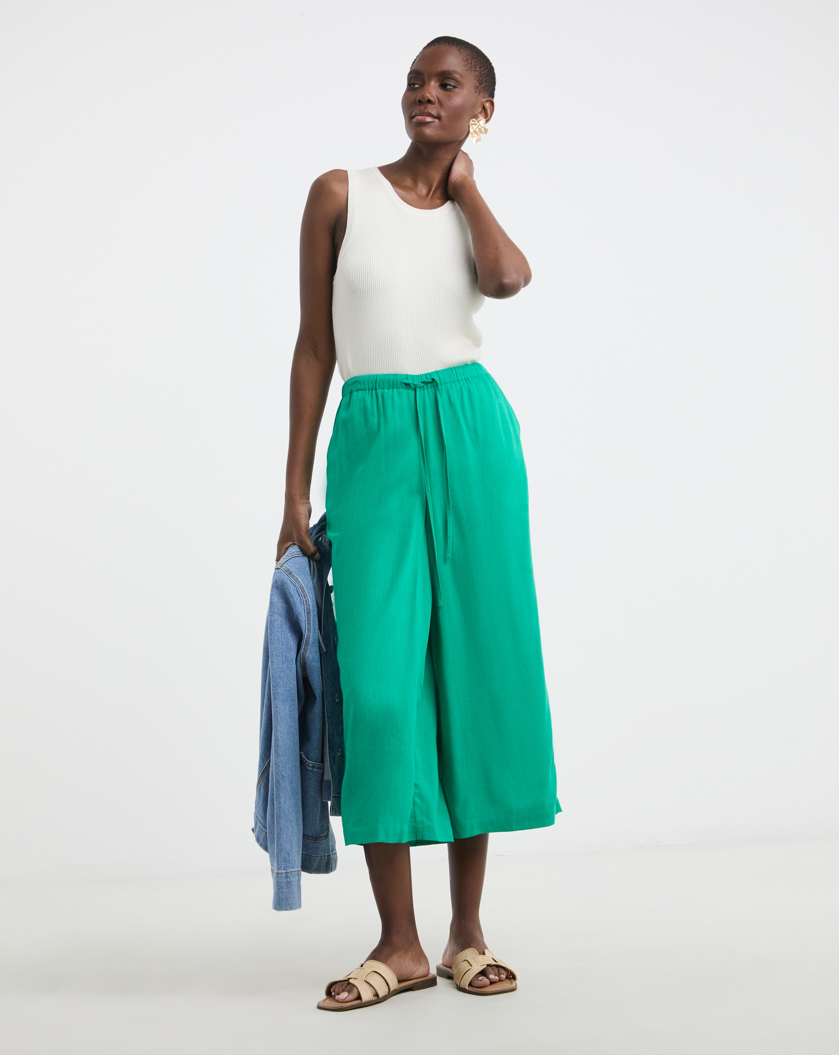 Linen Mix Cropped Wide Leg Culottes
