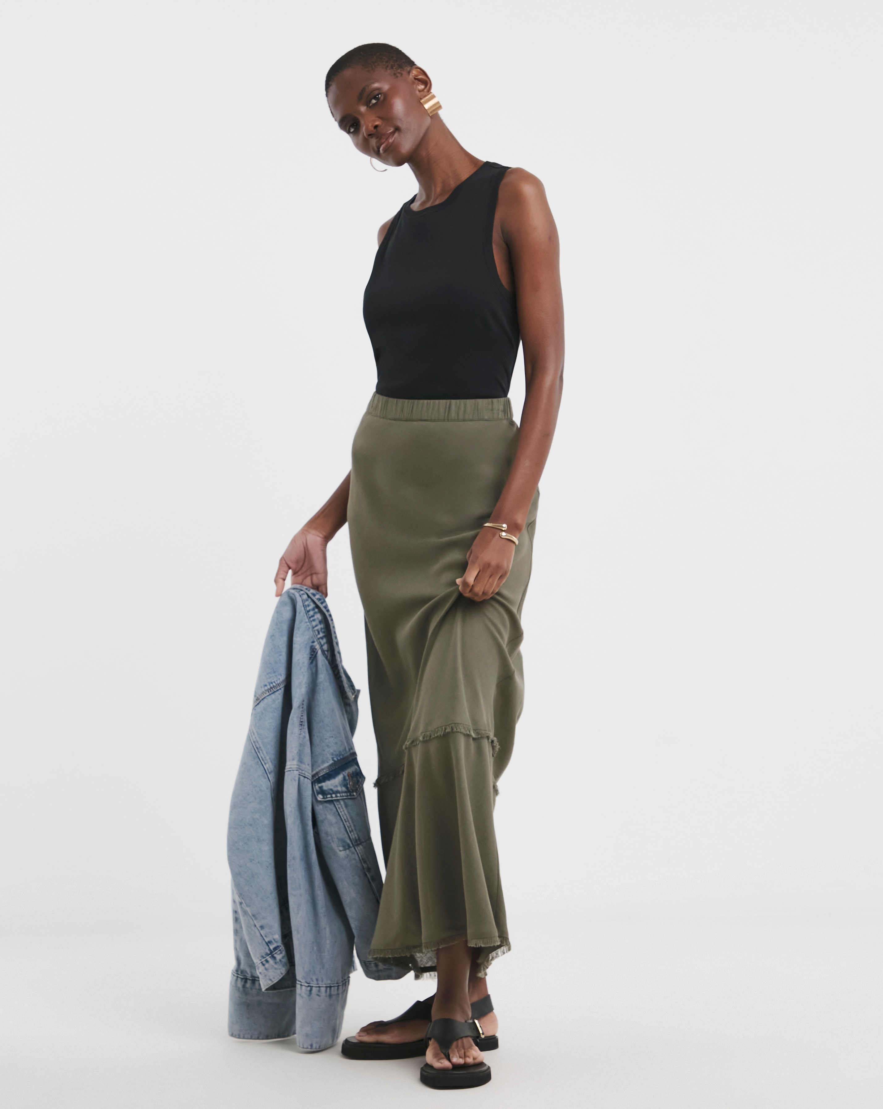 Linen Mix Frayed Hem Skirt