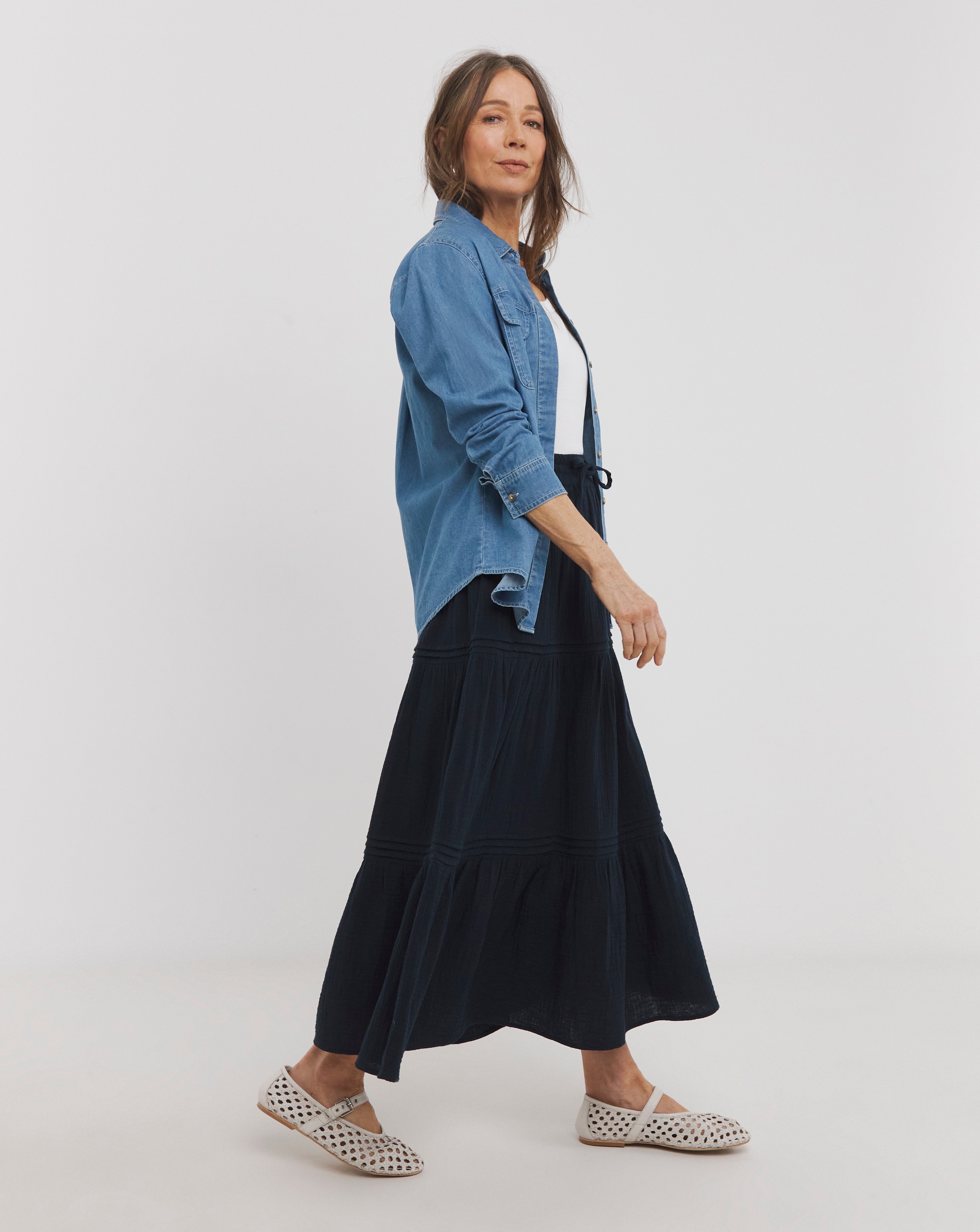 Pure Cotton Tiered Midi Skirt