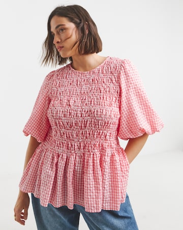 Simply Be Pink Gingham Seersucker Shirred Blouse