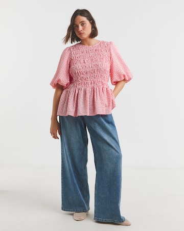 Simply Be Pink Gingham Seersucker Shirred Blouse