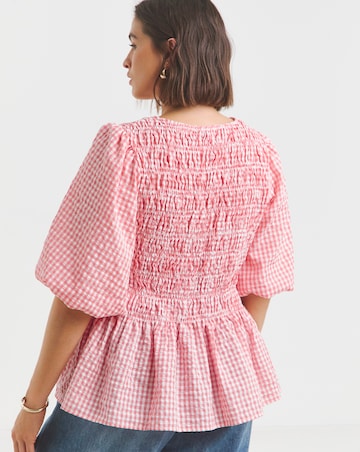 Simply Be Pink Gingham Seersucker Shirred Blouse