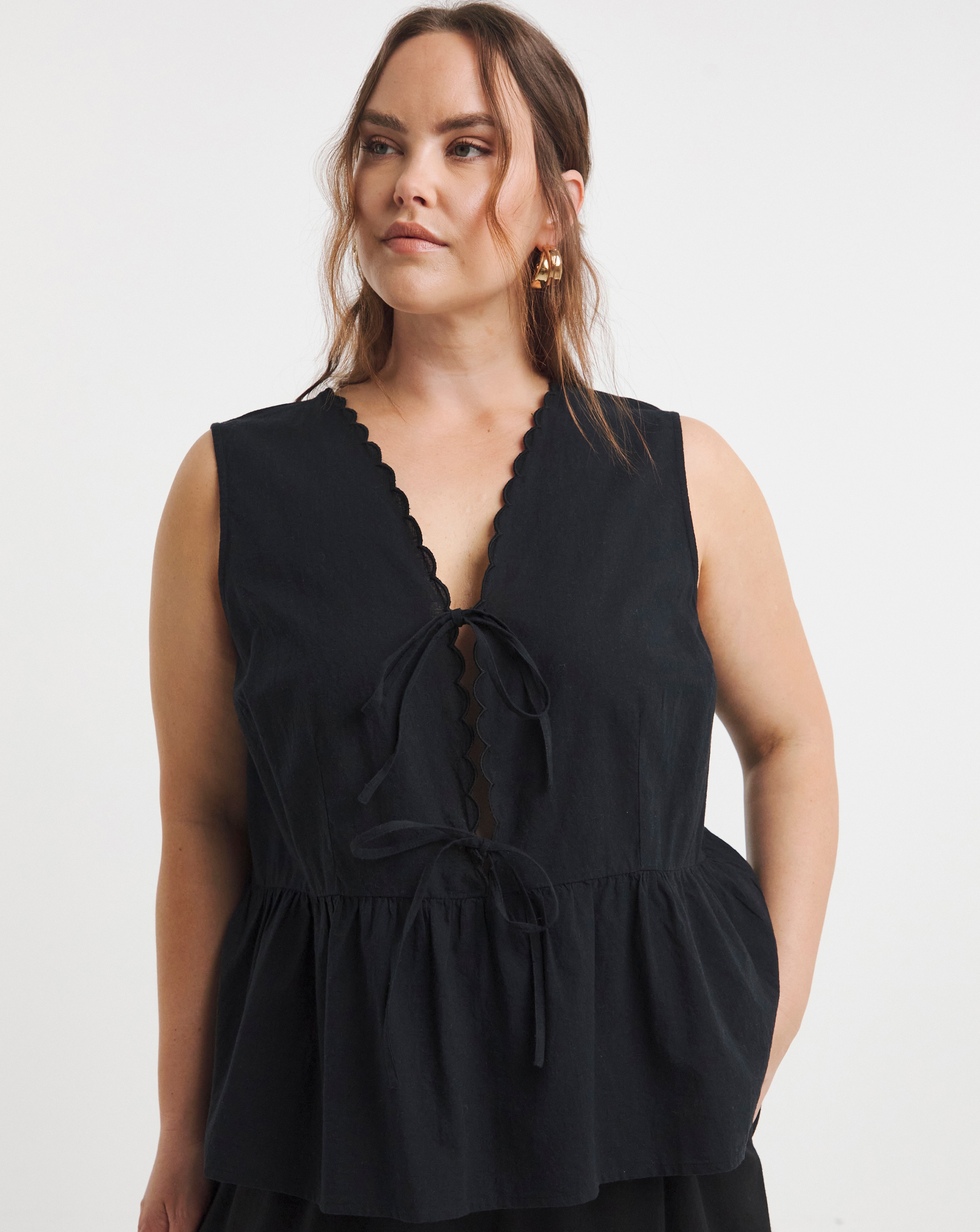 Black Tie Front Cami With Scallop Edge