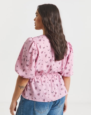 Simply Be Pink Printed Button Through Peplum Blouse