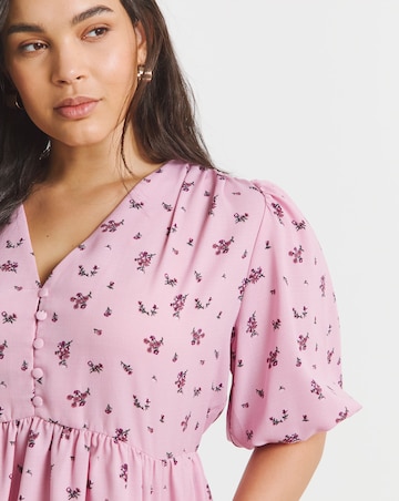 Simply Be Pink Printed Button Through Peplum Blouse