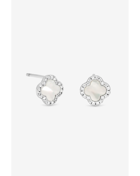 New In - Silver Pave MOP Clover Studs