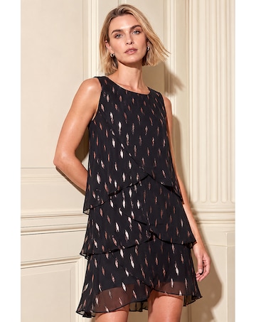 Roman Shimmer Foil Print Tiered Dress