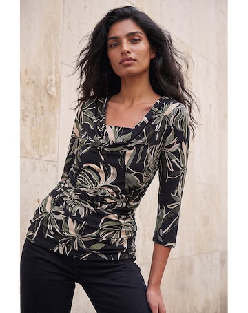 Roman Leaf Print Gathered Cowl Neck Top