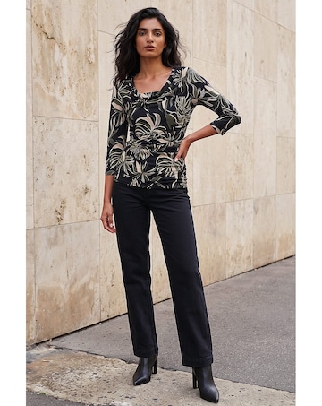 Roman Leaf Print Gathered Cowl Neck Top