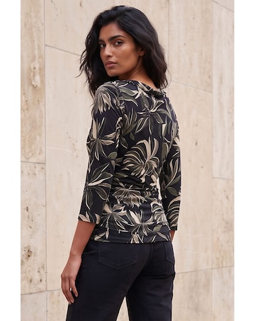 Roman Leaf Print Gathered Cowl Neck Top