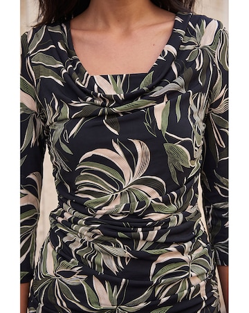 Roman Leaf Print Gathered Cowl Neck Top