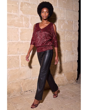 Roman Metallic Plisse Banded Hem Top