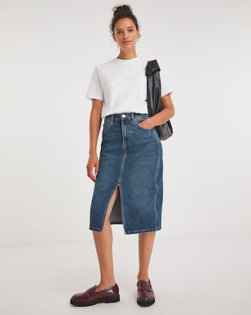 Mid Blue Split Front Denim Midi Skirt