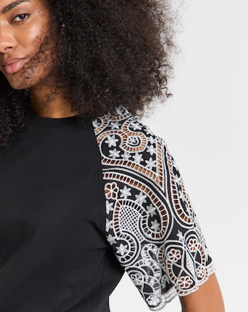 Simply Be Black Contrast Broderie Raglan Sleeve T-Shirt