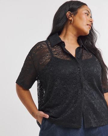 Simply Be Black Floral Stretch Crochet Boxy Shirt