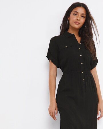 Black Crinkle Utility Shirt Dress