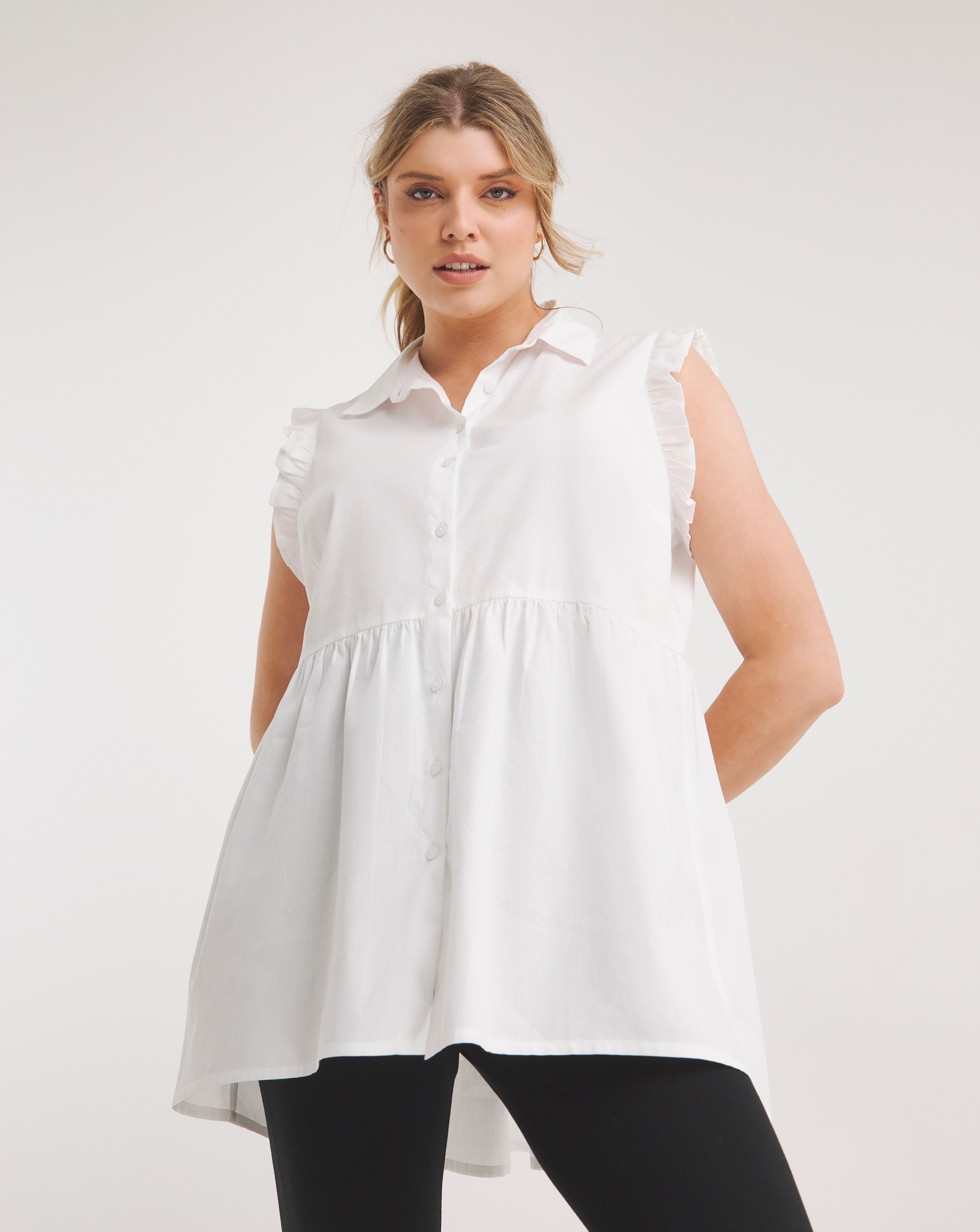 Sleeveless Poplin Dip Back Frill Shirt