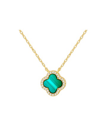 Sterling Silver Yellow Gold Plated Clover Malachite and CZ Necklace
