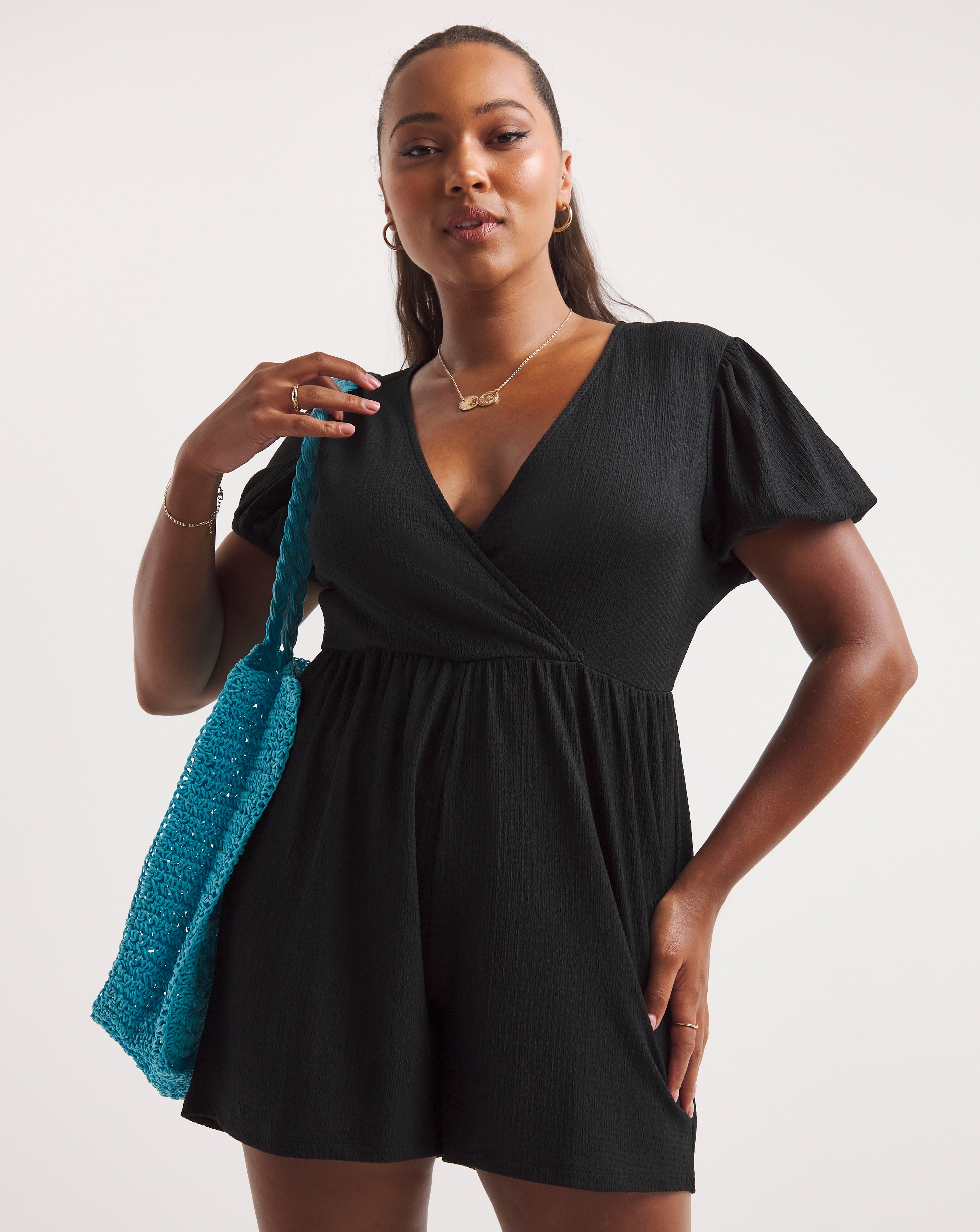 SBE Black Wrap Front Waffle Playsuit