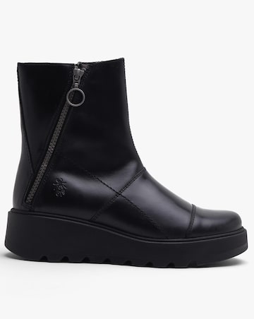 Fly London Tarp Black Leather Low Wedge Ankle Boots Standard Fit