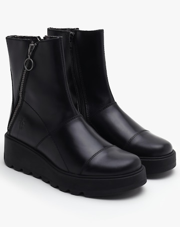 Fly London Tarp Black Leather Low Wedge Ankle Boots Standard Fit