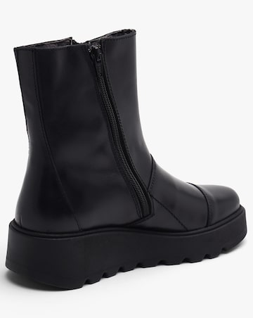 Fly London Tarp Black Leather Low Wedge Ankle Boots Standard Fit