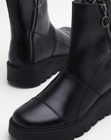 Fly London Tarp Black Leather Low Wedge Ankle Boots Standard Fit
