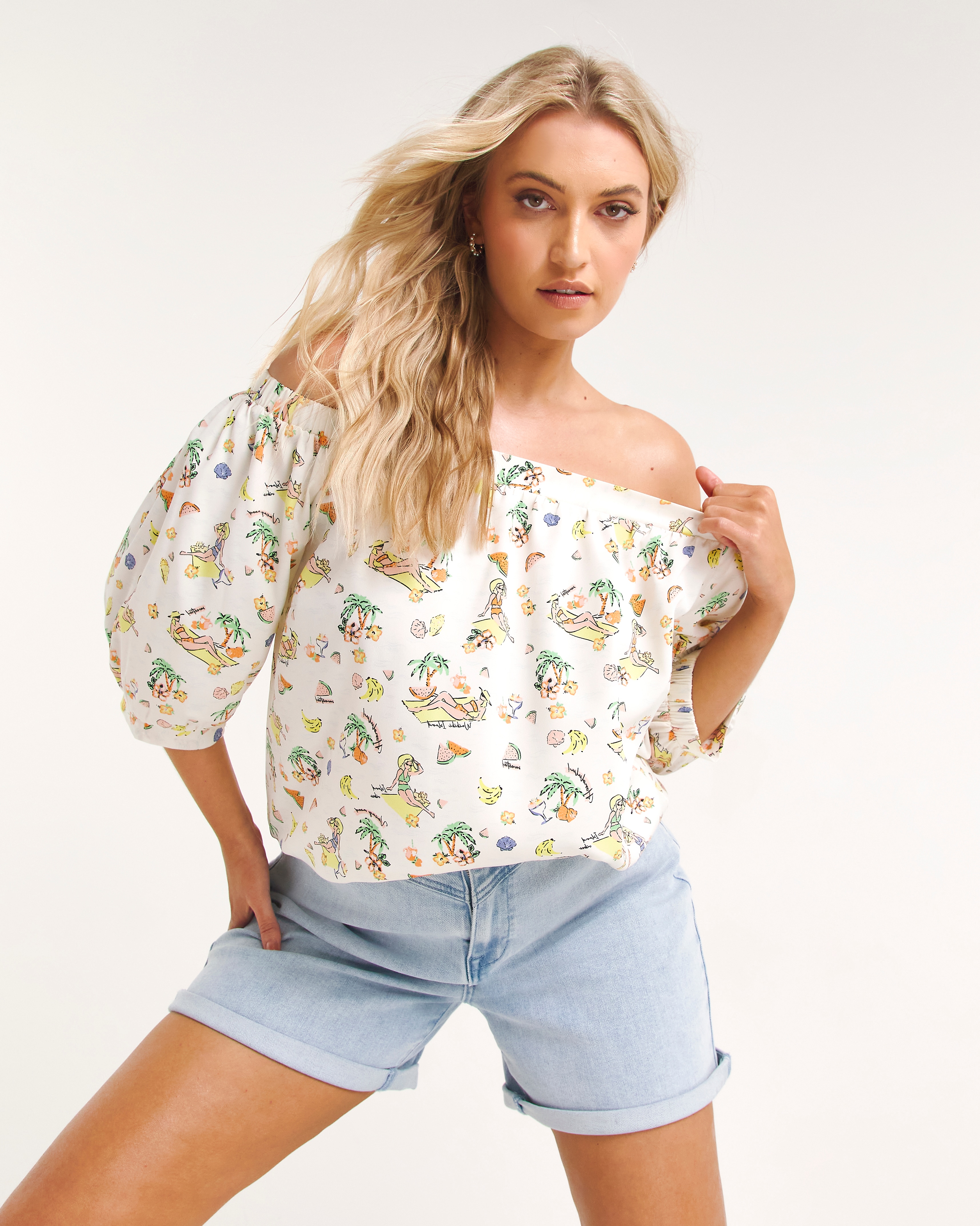 Holiday Print Puff Sleeve Bardot Top