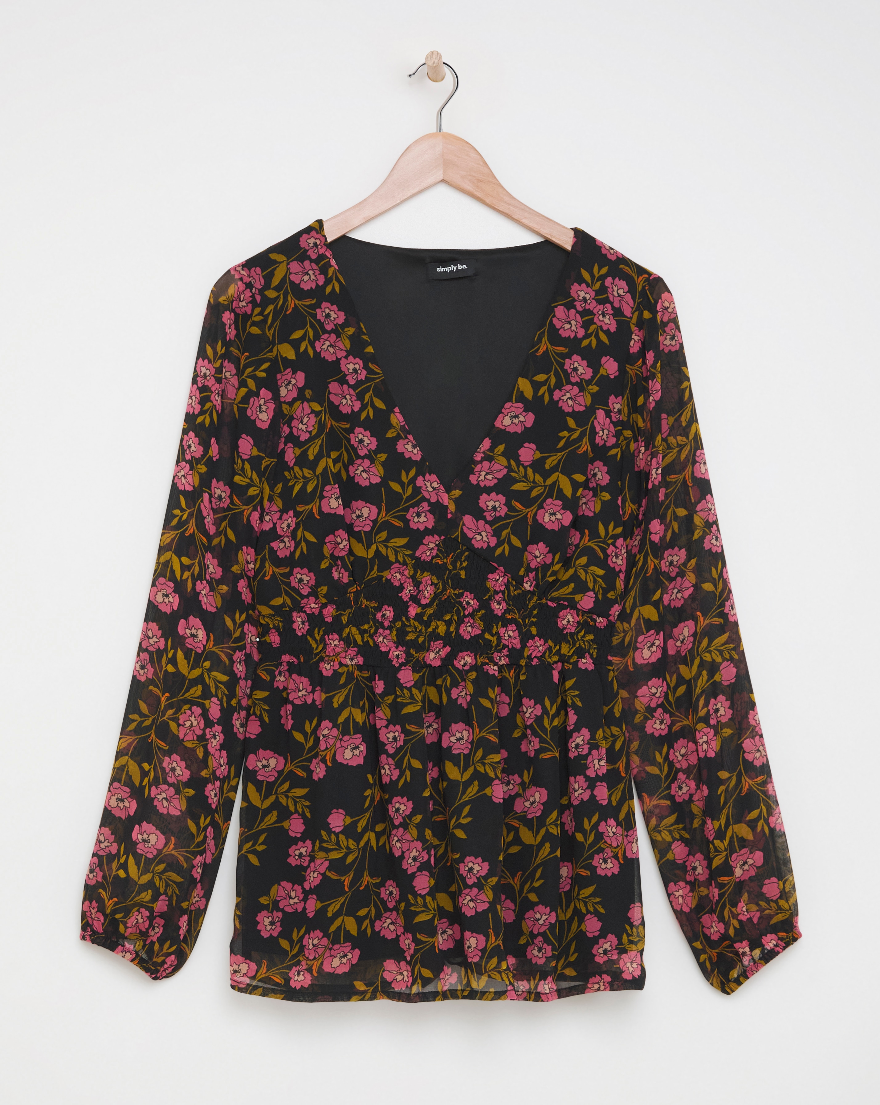 Black Floral Print V Neck Shirred Blouse