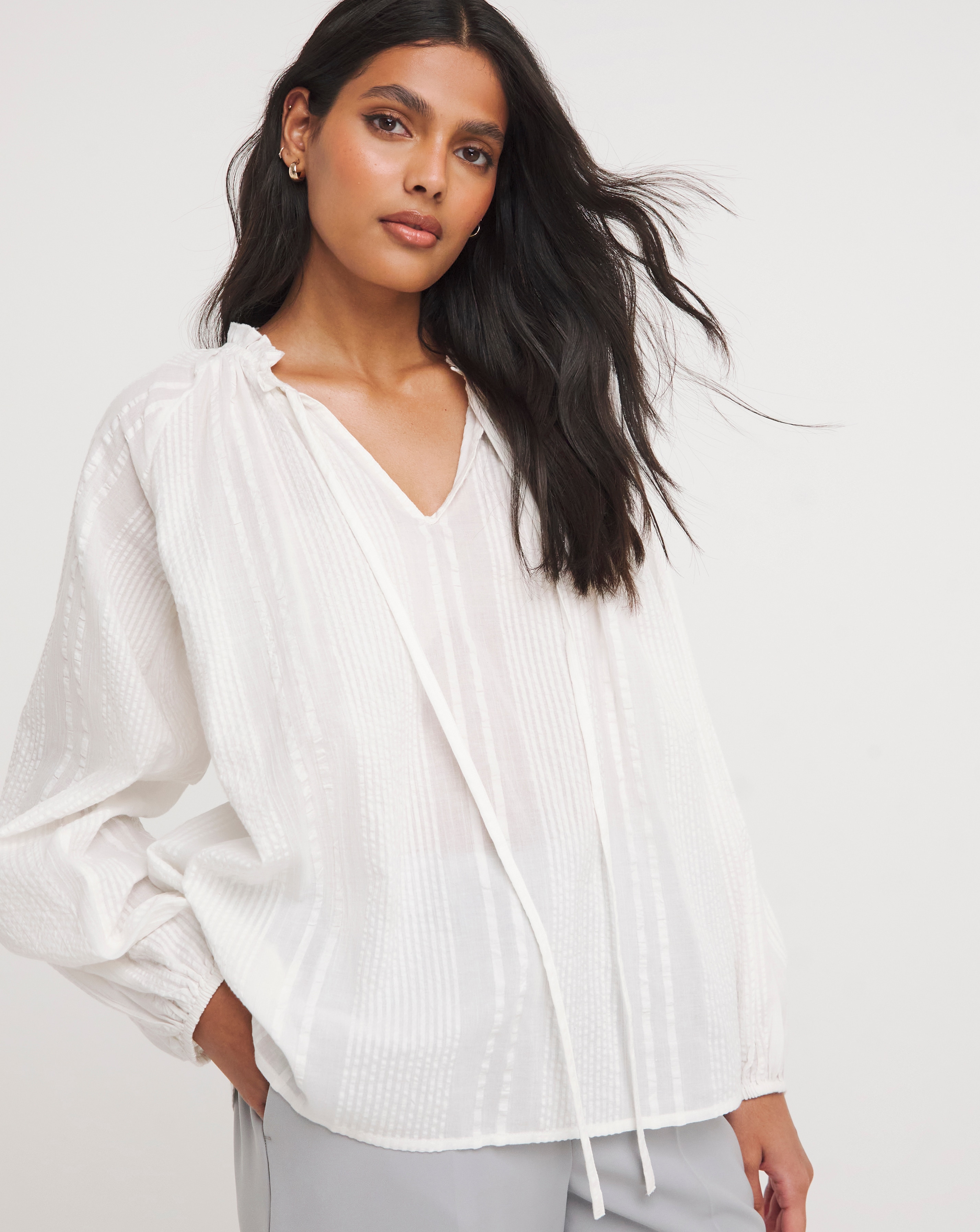 Collarless Tie Neck Blouse