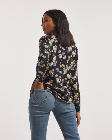 Black Floral Long Sleeve Value Cotton Square Neck Top