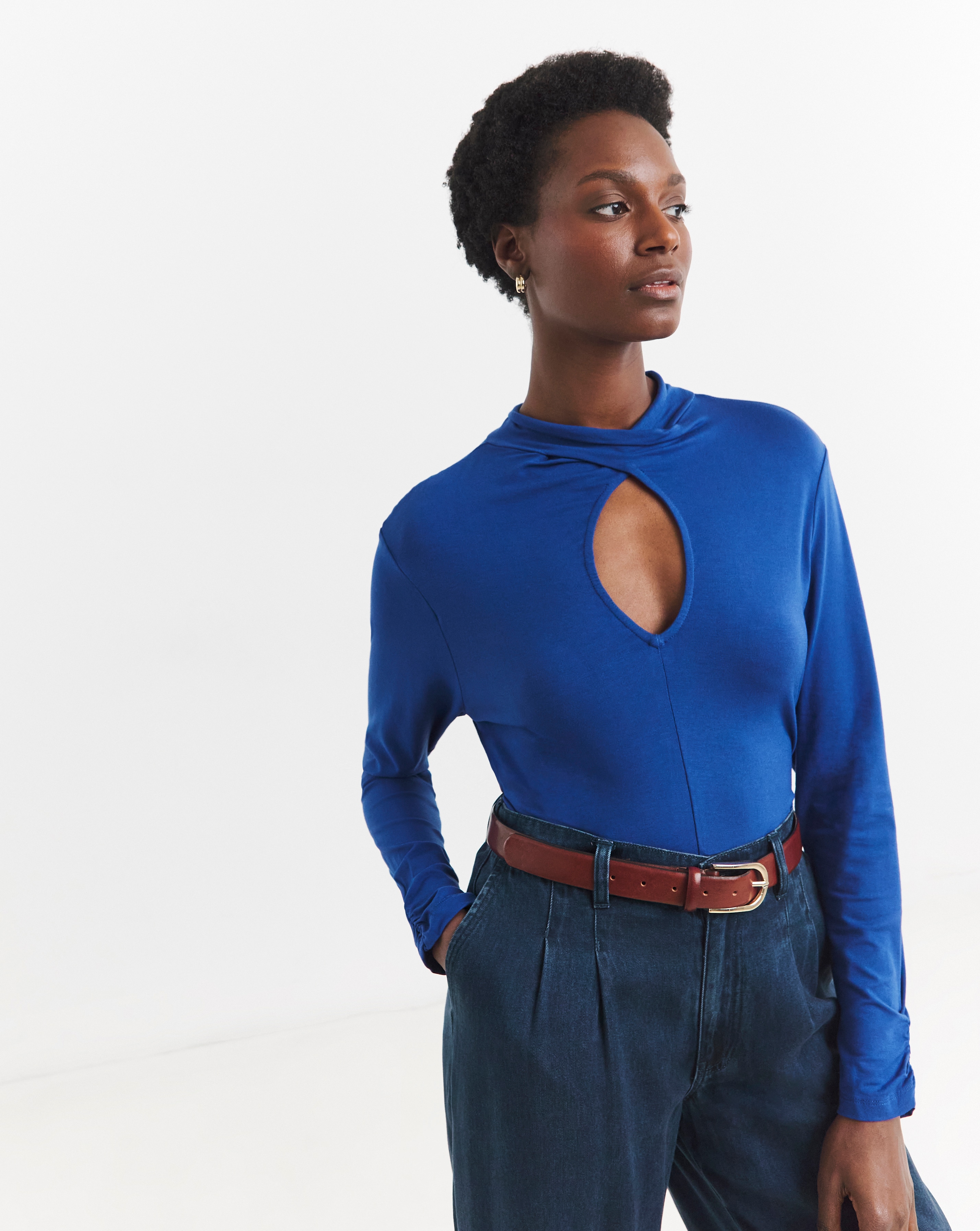 High Neck Blue Cut Out Detail Top