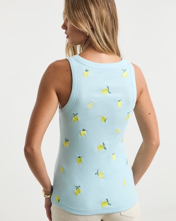 Simply Be Blue Ribbed Lemon Embroidery High Neck Tank
