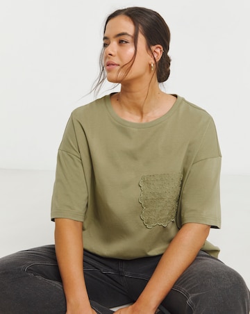 Simply Be Khaki Broderie Pocket T-Shirt