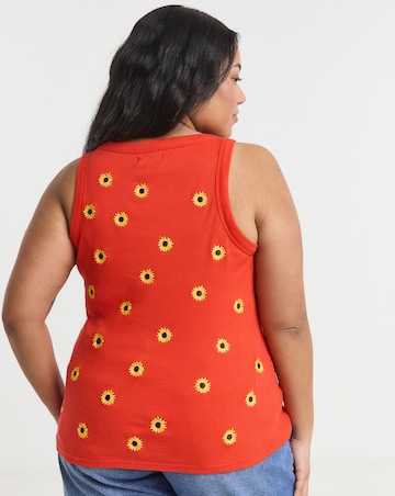 Simply Be Red Ribbed Sunflower Embroidery High Neck Tank