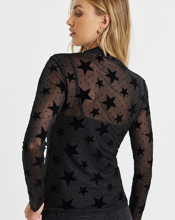Simply Be Black Velour Star Print Mesh Top