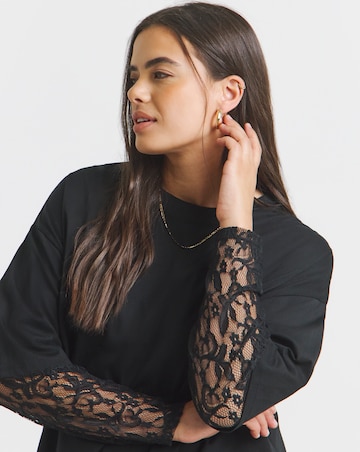 Black 2 in 1 Jersey T-Shirt with Lace Sleeves