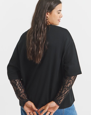 Black 2 in 1 Jersey T-Shirt with Lace Sleeves