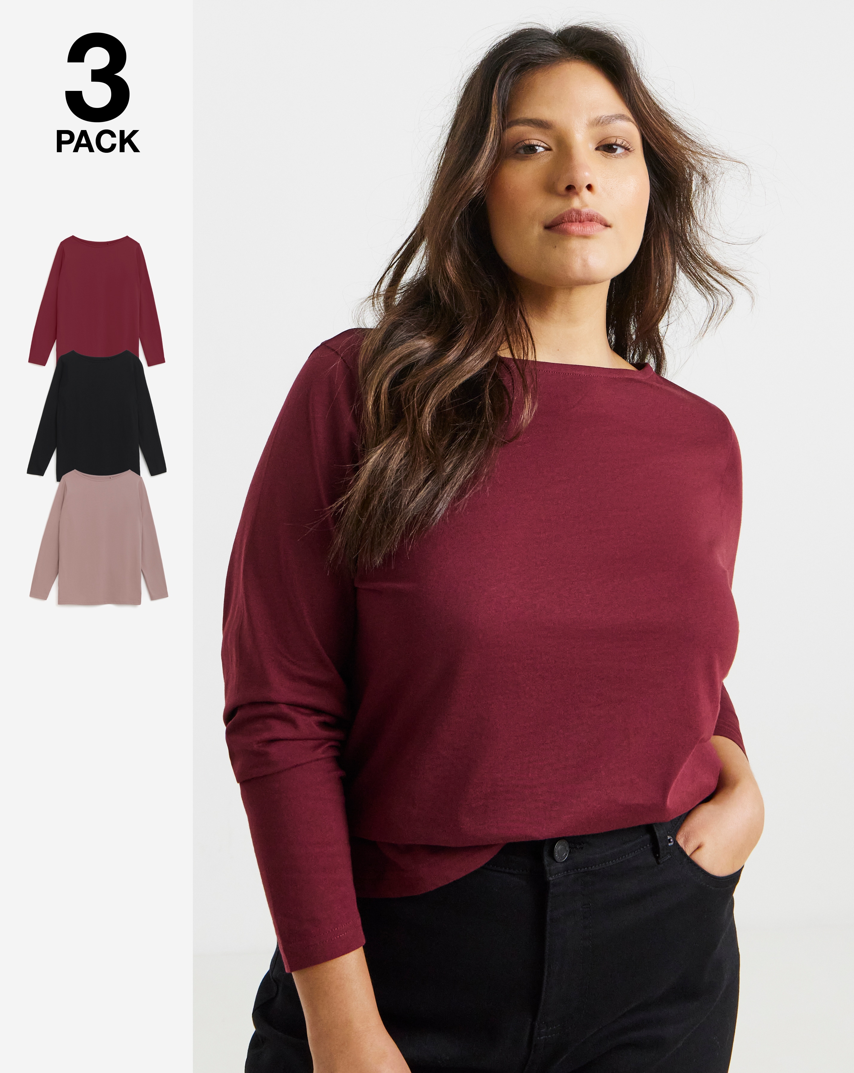 3 Pack Long Sleeve Slash Neck Tops