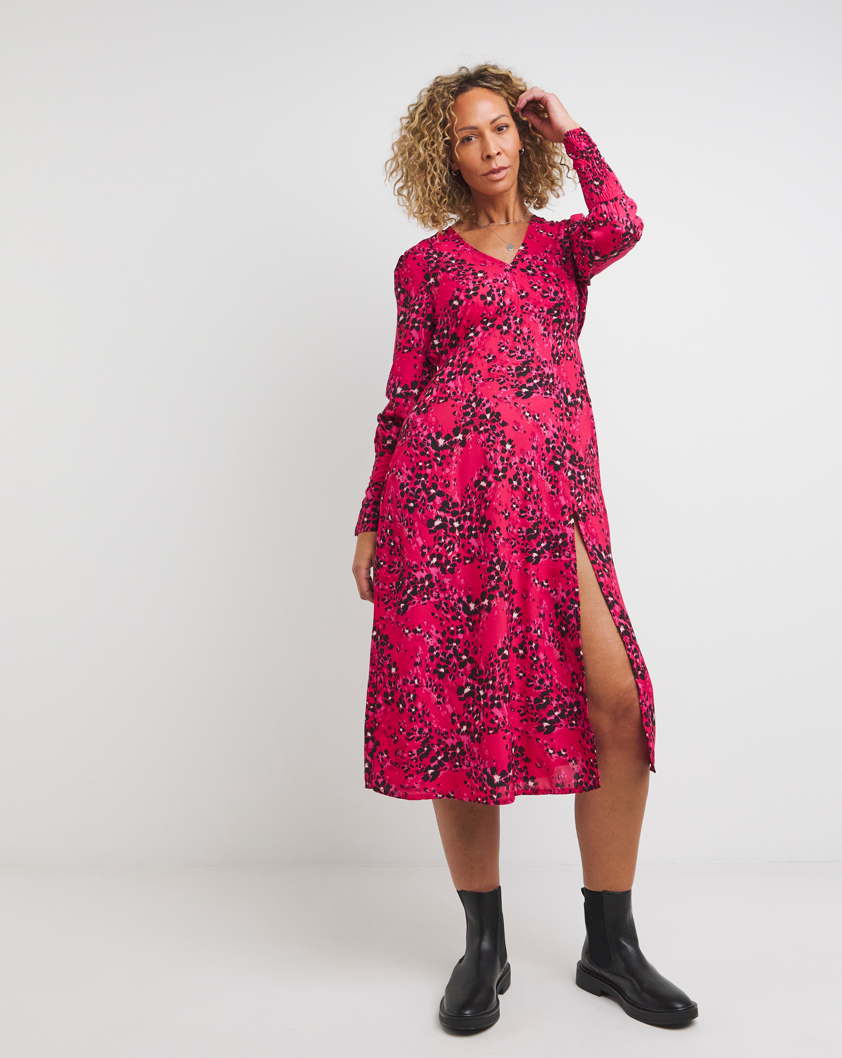 V-Neck Deep Cuff Split Midi Dress