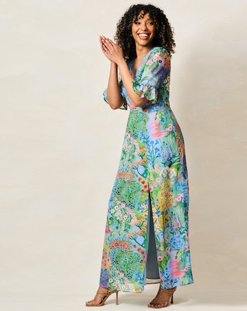 Hope & Ivy Hazel Frill Sleeve Thigh Split Open Back Maxi Dress With Lace Trim