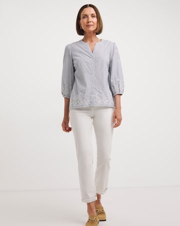 Blue Stripe Embroidered Hem Stripe Blouse