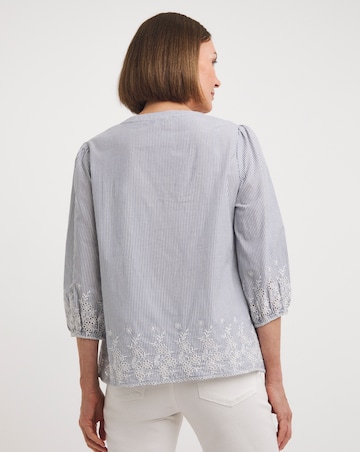 Blue Stripe Embroidered Hem Stripe Blouse