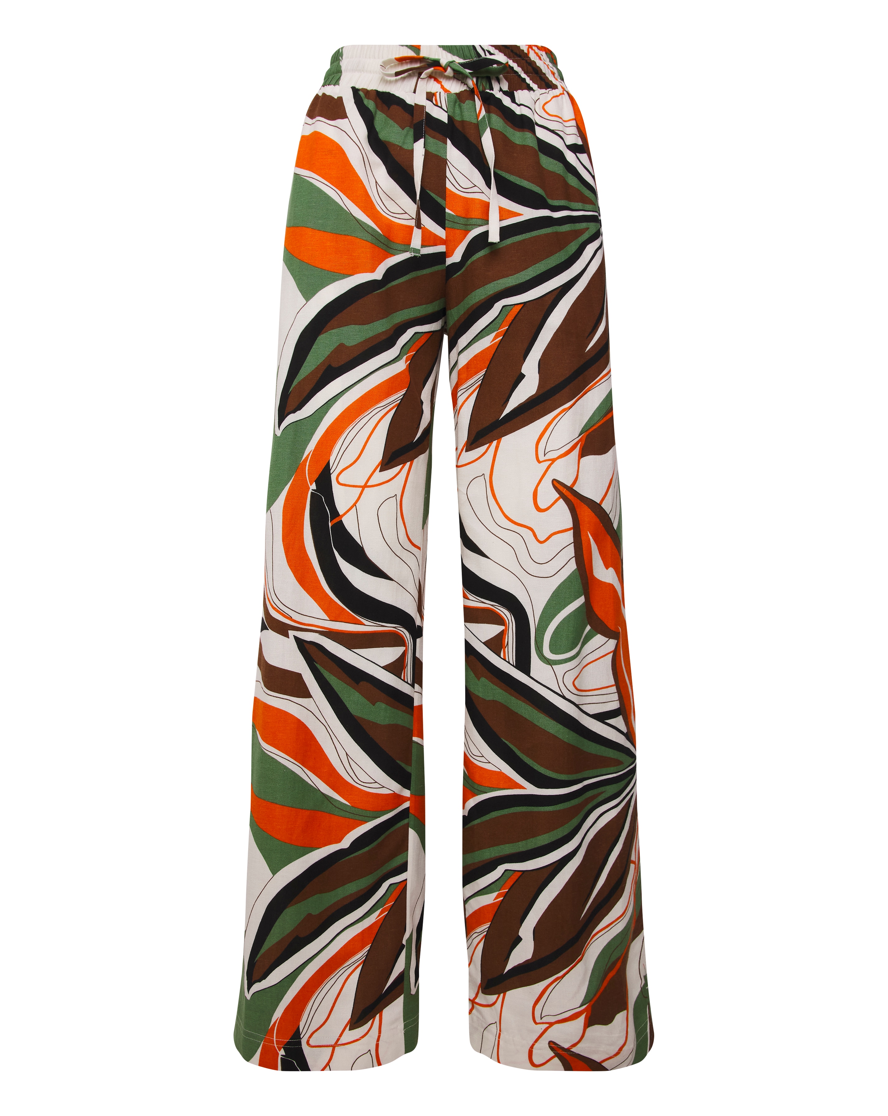 Tropical Print Linen Wide Leg Trousers