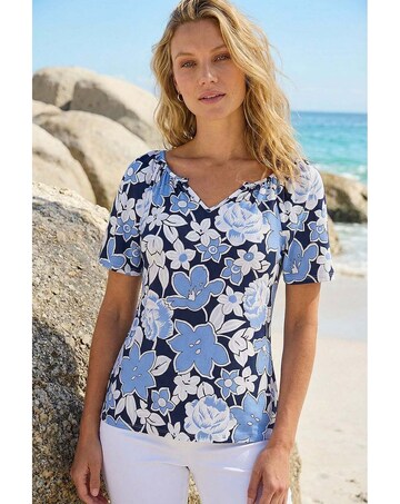 Roman Floral Puff Print V-Neck Top